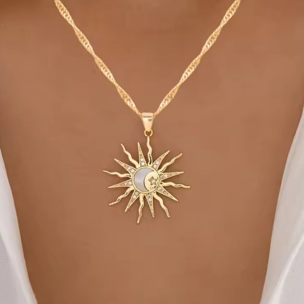 NEW 18K Yellow Gold Rhinestone Sun Moon Star Pendant Necklace